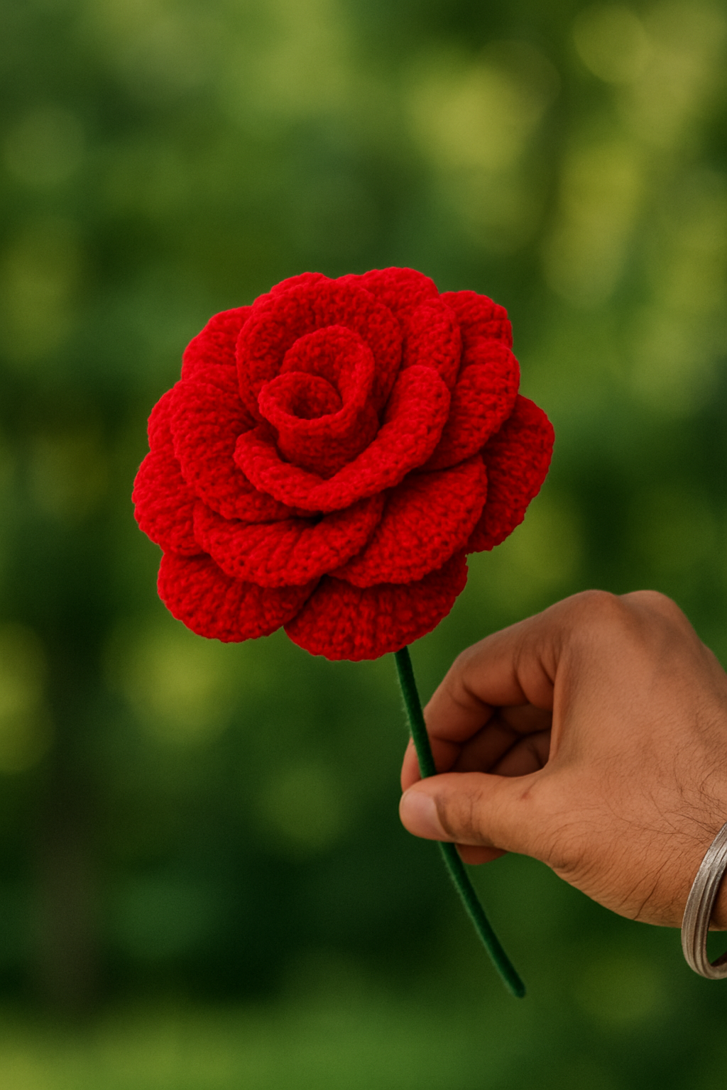 Handcrafted Crochet Big Red Rose Flower with Stem & Leaves – Perfect for Valentine’s, Anniversary, Birthday & Home Décor. A Timeless, Elegant Gift.