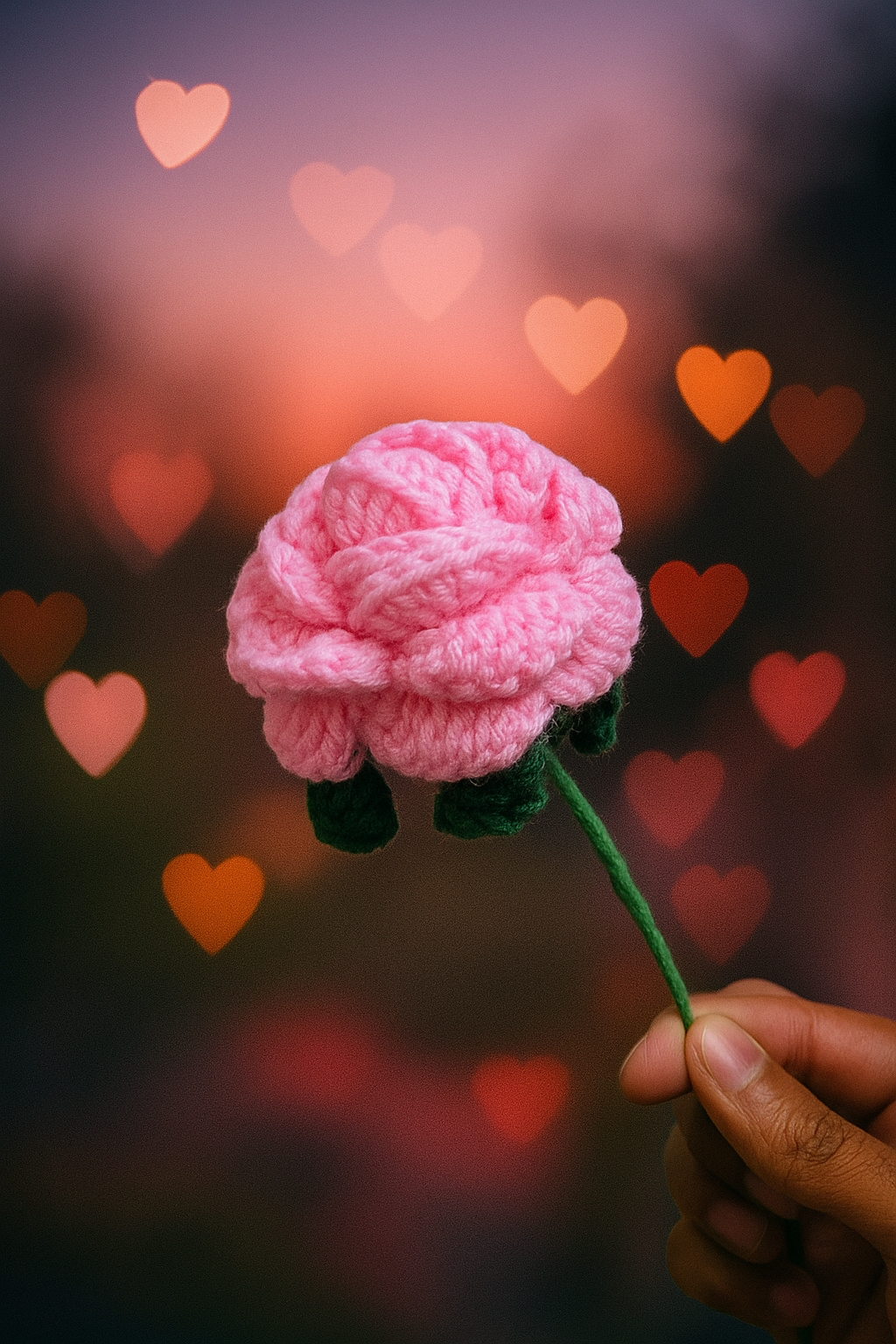 Handcrafted Crochet Pink Rose Flower with Stem & Leaves – Perfect for Valentine’s, Anniversary, Birthday & Home Decor. A Timeless, Elegant Gift.