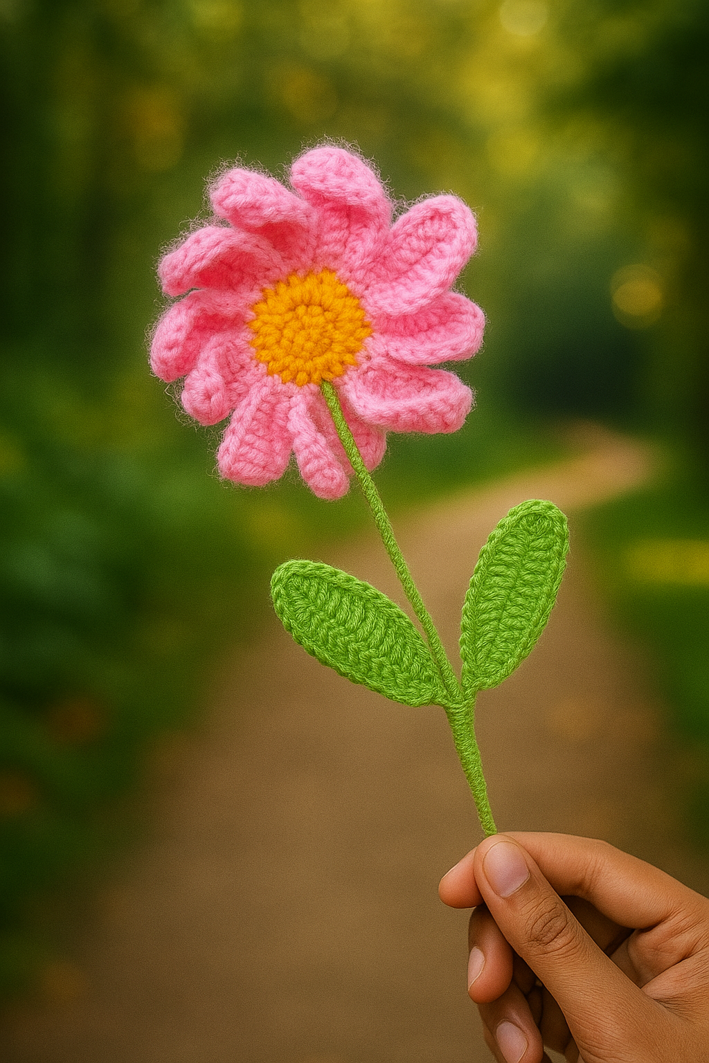 Handcrafted Crochet Pink Daisy Flower with Stem & Leaves – Perfect for Valentine’s, Anniversary, Birthday & Home Decor