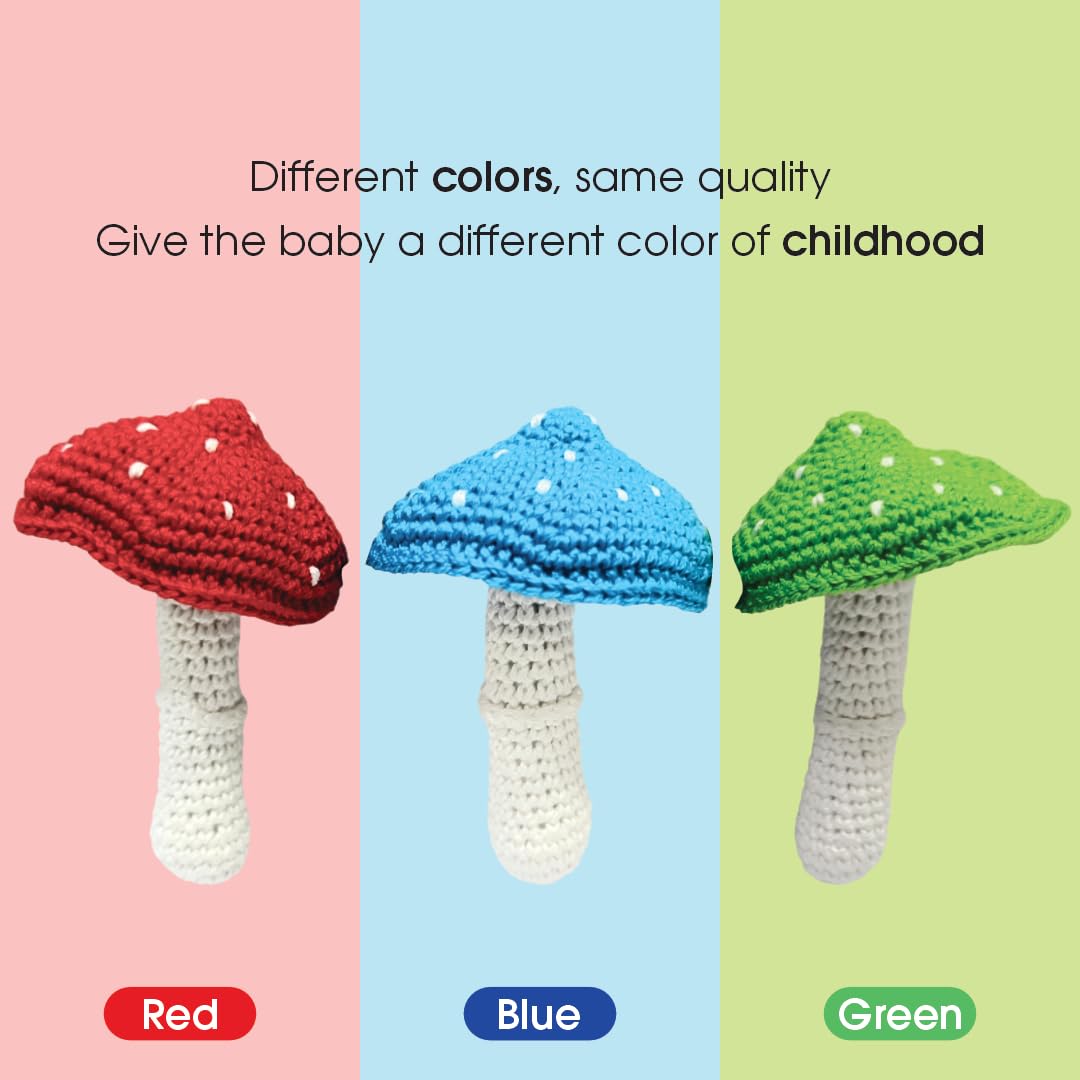 Soft Hand Knitted Cotton Crochet Cute Mushroom Teether Toy Pack of 3(Red, Blue, Green) | Crochet Toy | Handmade | Child Safe | for Birthday,Return Gifts & Perfect for Decoration