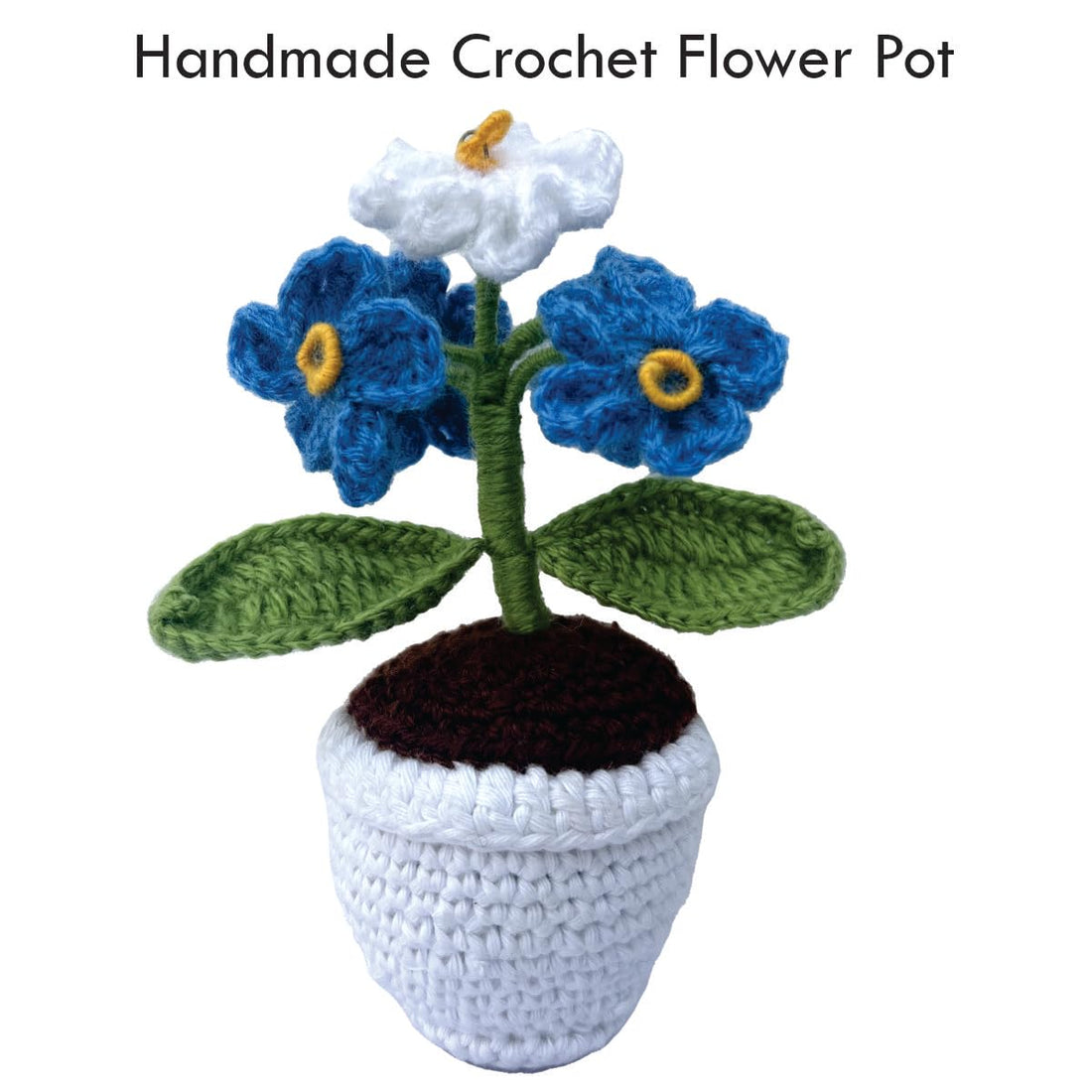Handmade Crochet Flower with Pot – Blue and White Flowers – 16 cm Tall – Decorative Home Décor Gift