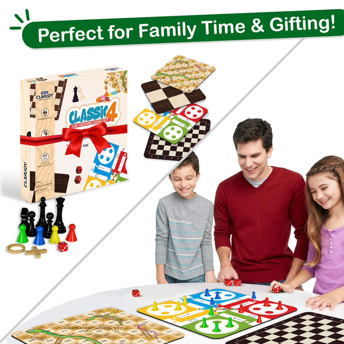 Clapjoy Wooden Classic 4 in 1 Board Game (Ludo & Chess |Snake Ladder & Tic Tac Toe) for 5+ years kids