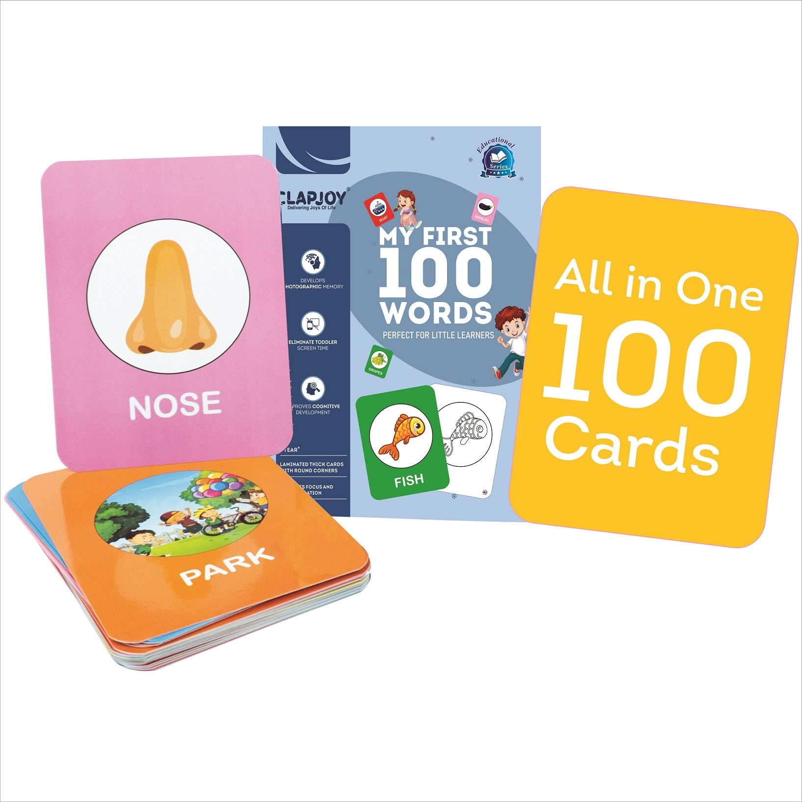 Clapjoy All-in-One 100 Flash Cards for Toddlers | Double Sided, Waterproof & Non-Tearable fors kids Ages 1-3 Years