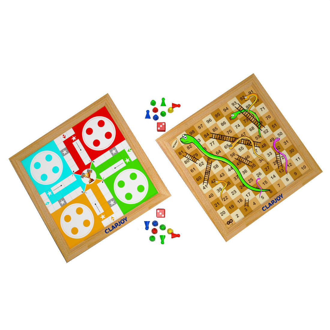 Clapjoy Wooden Classic 4 in 1 Board Game (Ludo & Chess |Snake Ladder & Tic Tac Toe) for 5+ years kids