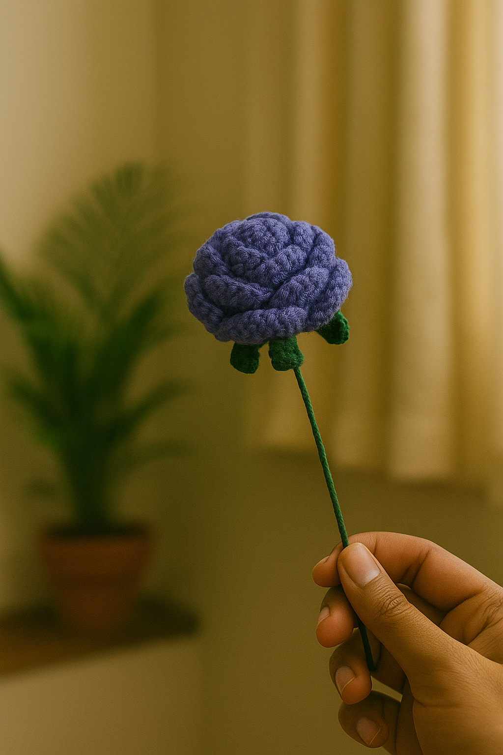 Handcrafted Crochet Purple Rose Flower with Stem & Leaves – Perfect for Valentine’s, Anniversary, Birthday & Home Décor. A Timeless, Elegant Gift.