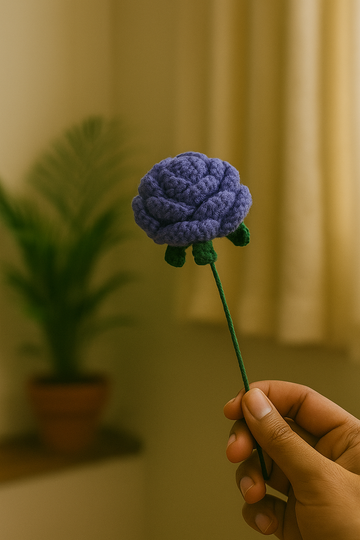 Handcrafted Crochet Purple Rose Flower with Stem & Leaves – Perfect for Valentine’s, Anniversary, Birthday & Home Décor. A Timeless, Elegant Gift.