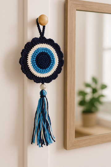 Crochet Evil Eye Hanging – Decorative Wall Hanging for Home & Office | Good Luck Charm | Evil Eye Protection