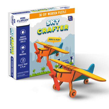 CLAPJOY Sky Crafter 3D DIY Wooden Puzzle, Build and Play Airplane Model, Boosts Cognitive Skills, Ages 8+