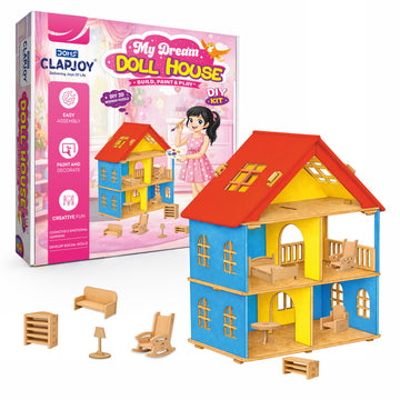 Clapjoy DIY Wooden Toy House with Furniture for kids | DIY Dollhouse Building Kit with Paint set, Easy Assembly with Instructions