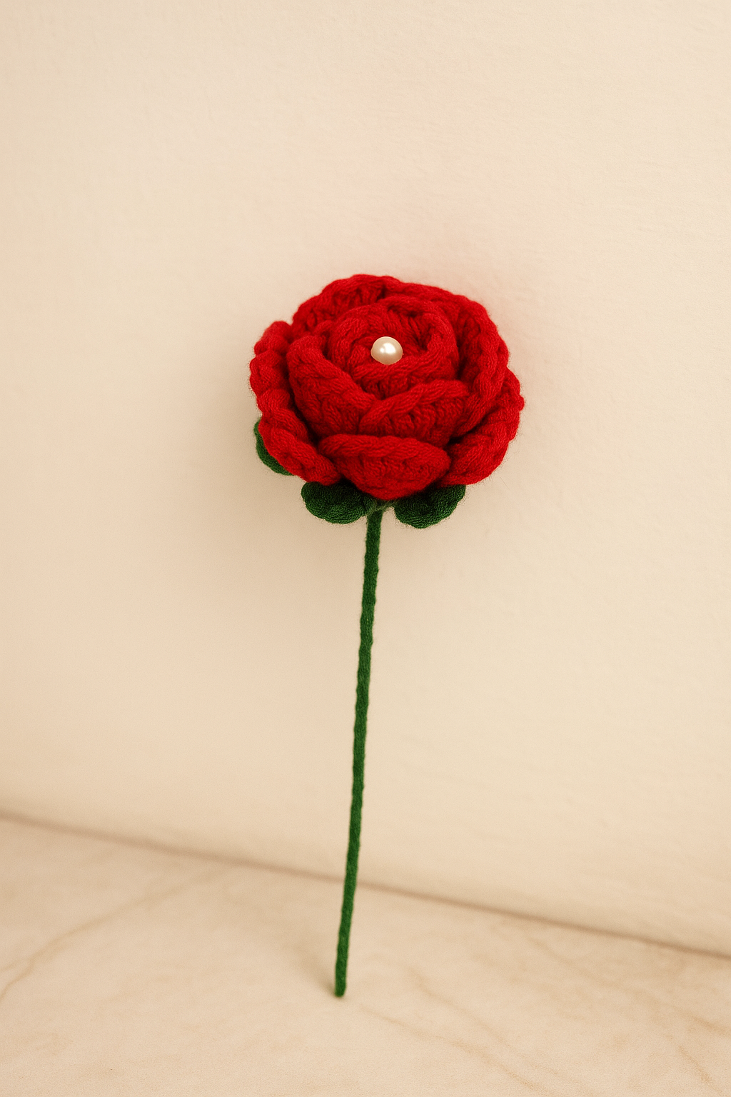 Handcrafted Crochet Red Rose with Stem and Leaves for Valentine’s Day, Anniversary, Birthday, and Home Decor