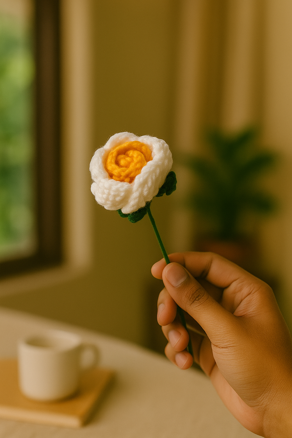 Handcrafted Crochet Orange,White Rose Flower with Stem & Leaves – Perfect for Valentine’s, Anniversary, Birthday & Home Décor. A Timeless, Elegant Gift.