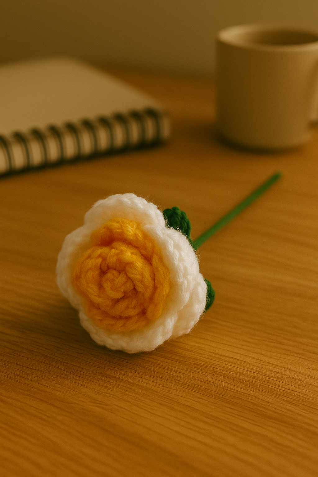 Handcrafted Crochet Orange,White Rose Flower with Stem & Leaves – Perfect for Valentine’s, Anniversary, Birthday & Home Décor. A Timeless, Elegant Gift.