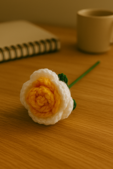 Handcrafted Crochet Orange,White Rose Flower with Stem & Leaves – Perfect for Valentine’s, Anniversary, Birthday & Home Décor. A Timeless, Elegant Gift.