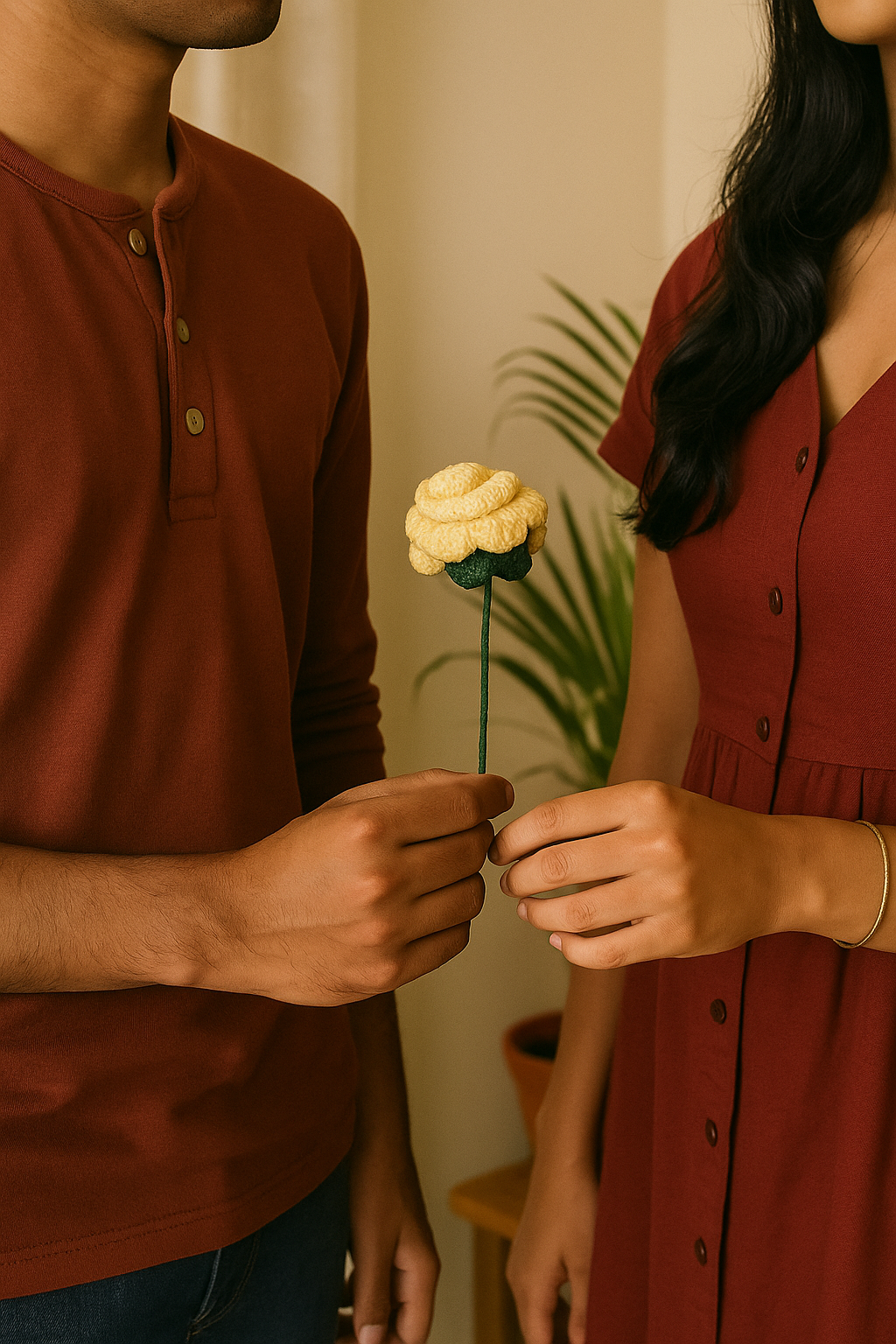 Handmade Crochet Yellow Rose Flower with Stem & Leaves – Perfect for Valentine’s, Anniversary, Birthday & Home Decor. A Timeless, Elegant Gift.