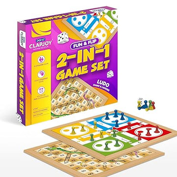 CLAPJOY 2-in-1 Wooden Board Game Set, Ludo and Snake & Ladders, 2-4 Players, Multi-Color, Ages 4+