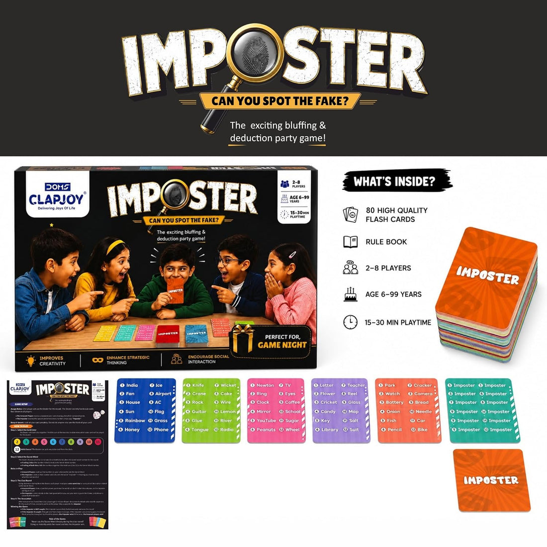Clapjoy Board & Card Game – Imposter: Can You Spot The Fake? | 80 Cards | Bluffing & Deduction Party Game | Family Game Night | 15-30 Min Playtime | 3-8 Players | Gift for Ages 6, 7, 8, 9 & Up