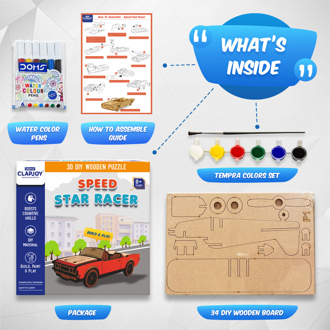 CLAPJOY 3D DIY Wooden Puzzle Speed Star Racer Car, Build and Paint Craft Kit with Tempra Colors and Water Color Pens, 8+ Years
