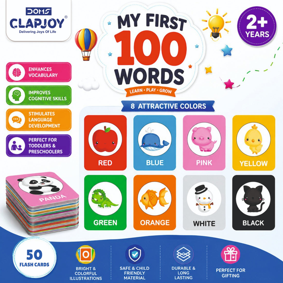 Clapjoy All-in-One 100 Flash Cards for Toddlers | Double Sided, Waterproof & Non-Tearable fors kids Ages 1-3 Years